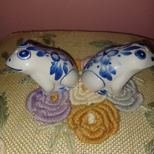 Blue and White Ceramic Frog Figurines